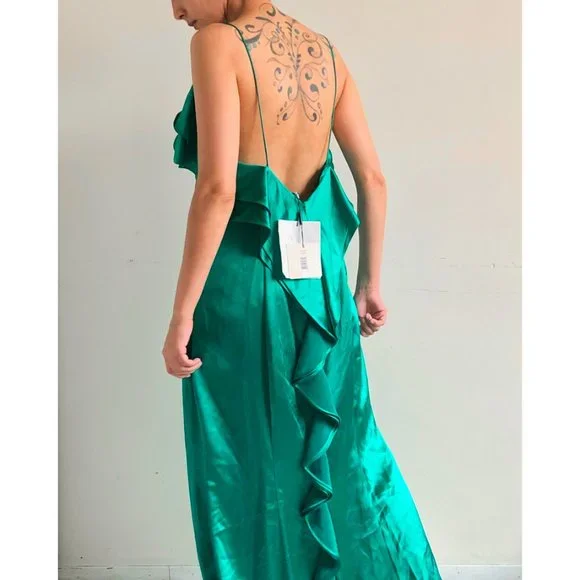NWT Zac Posen Green emerald satin ruffle long dress - Picture 3 of 7